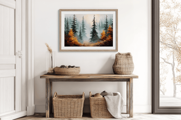 Misty evergreen forest with deep green pines and warm orange autumn foliage.
