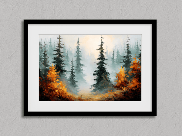 Misty evergreen forest with deep green pines and warm orange autumn foliage.