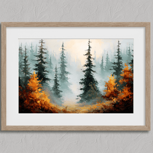 Misty evergreen forest with deep green pines and warm orange autumn foliage.