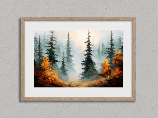Misty evergreen forest with deep green pines and warm orange autumn foliage.