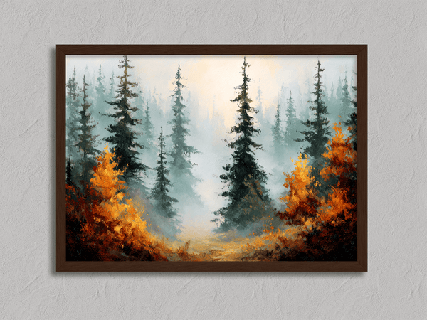 Misty evergreen forest with deep green pines and warm orange autumn foliage.