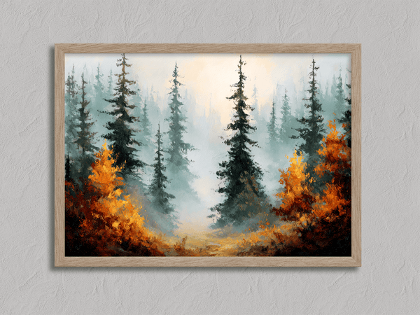 Misty evergreen forest with deep green pines and warm orange autumn foliage.