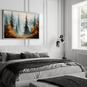 Misty evergreen forest with deep green pines and warm orange autumn foliage.