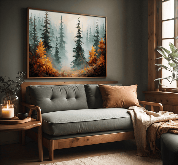 Misty evergreen forest with deep green pines and warm orange autumn foliage.