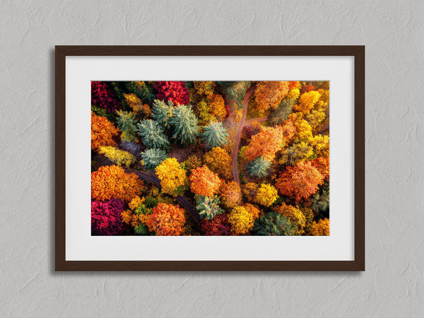 Woodland Mosaic shown in a walnut frame with a white border or mount.