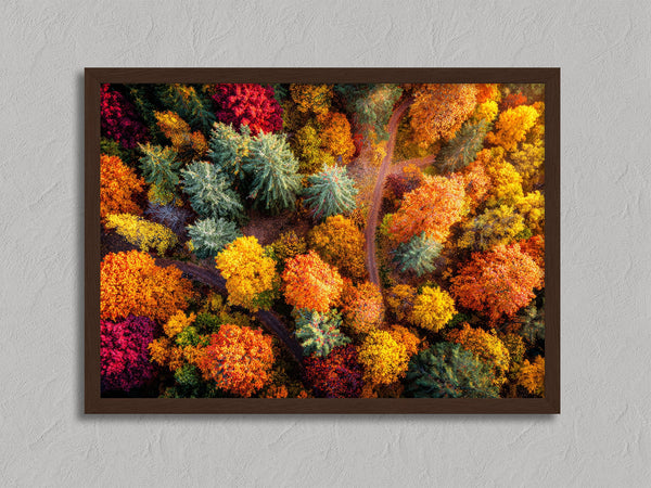 Woodland Mosaic shown in a walnut frame without a border or mount.