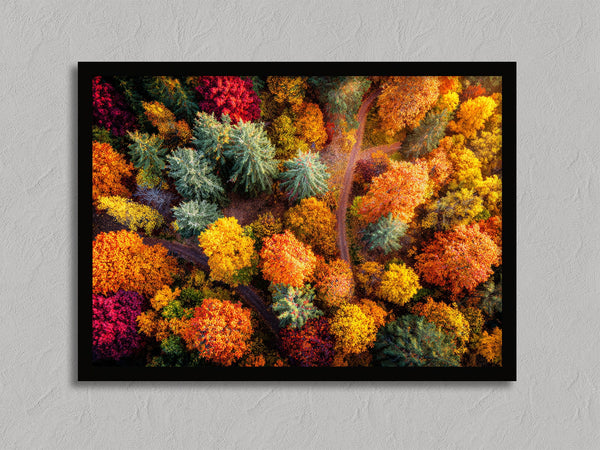 Woodland Mosaic shown in a black frame without a border or mount.