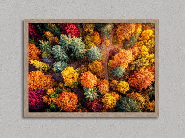 Woodland Mosaic shown in an oak frame without a border or mount.