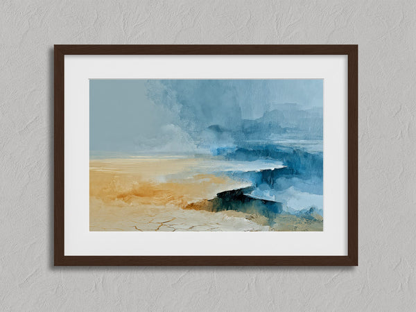 Abstract coastal artwork with layered blue waves, textured ivory forms and a warm golden shoreline.