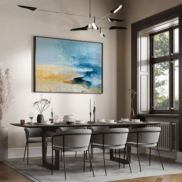 Abstract coastal artwork with layered blue waves, textured ivory forms and a warm golden shoreline.