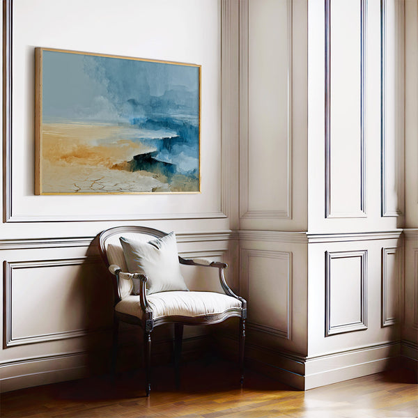 Abstract coastal artwork with layered blue waves, textured ivory forms and a warm golden shoreline.