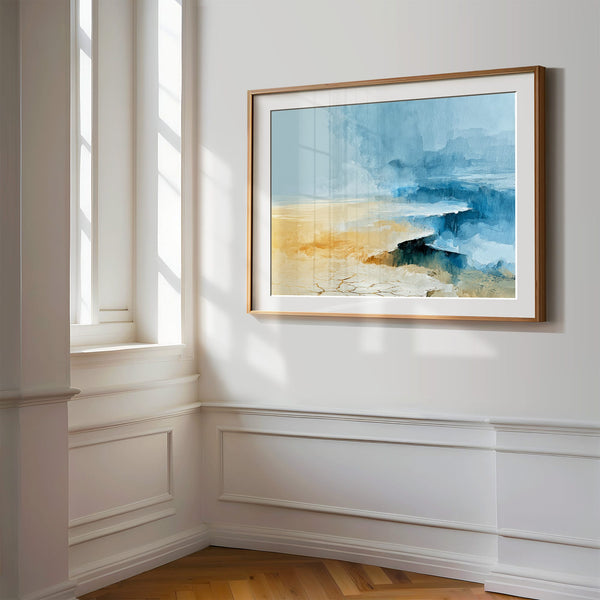 Abstract coastal artwork with layered blue waves, textured ivory forms and a warm golden shoreline.