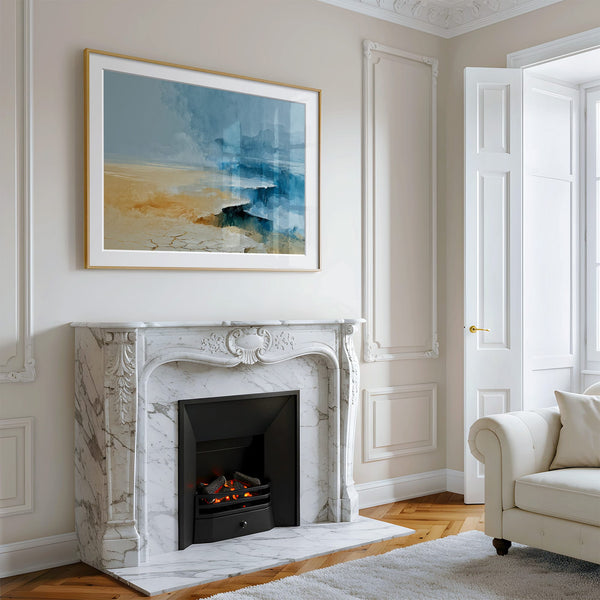 Abstract coastal artwork with layered blue waves, textured ivory forms and a warm golden shoreline.