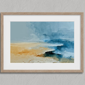 Abstract coastal artwork with layered blue waves, textured ivory forms and a warm golden shoreline.