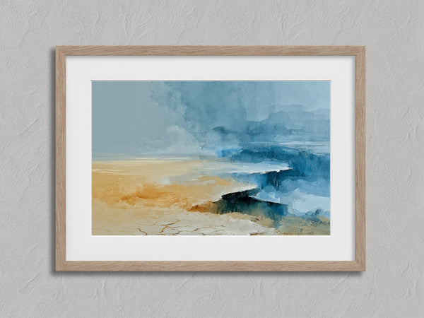 Abstract coastal artwork with layered blue waves, textured ivory forms and a warm golden shoreline.