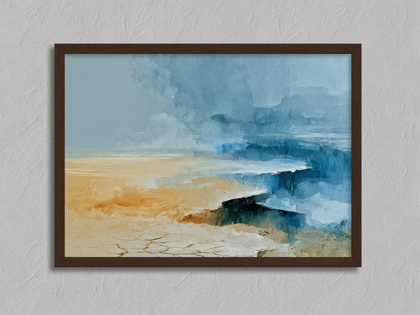 Abstract coastal artwork with layered blue waves, textured ivory forms and a warm golden shoreline.