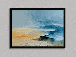 Abstract coastal artwork with layered blue waves, textured ivory forms and a warm golden shoreline.