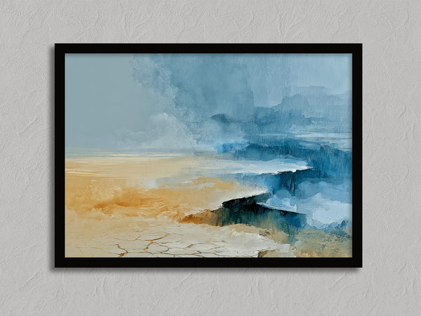 Abstract coastal artwork with layered blue waves, textured ivory forms and a warm golden shoreline.
