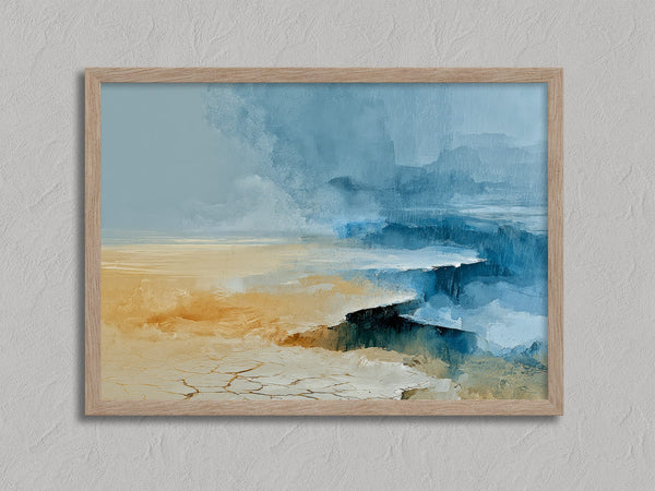 Abstract coastal artwork with layered blue waves, textured ivory forms and a warm golden shoreline.