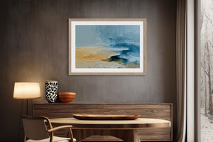 Abstract coastal artwork with layered blue waves, textured ivory forms and a warm golden shoreline.