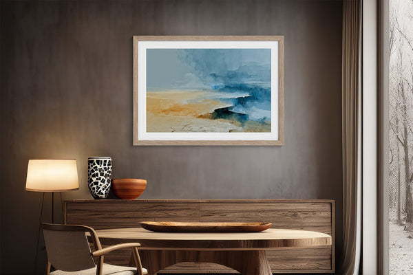 Abstract coastal artwork with layered blue waves, textured ivory forms and a warm golden shoreline.