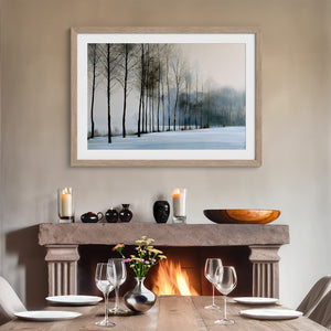 Bare winter trees fading into blue-grey mist across a quiet snow-covered landscape.