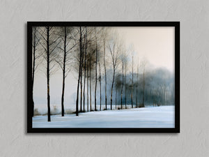 Bare winter trees fading into blue-grey mist across a quiet snow-covered landscape.
