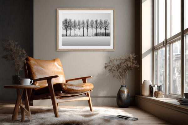 Black and white tree wall art featuring a row of bare winter trees across a minimalist snowy landscape