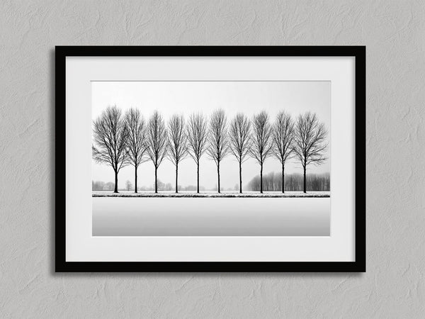 Black and white tree wall art featuring a row of bare winter trees across a minimalist snowy landscape