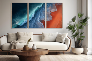 Modern living room with a white sofa, wooden coffee table, and abstract wall art. www.atelierlumin.art