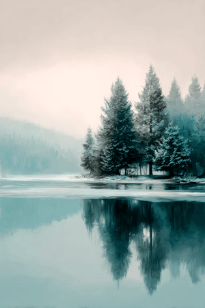 Framed fine art print of a snowy forest reflected in a frozen lake. A serene winter landscape, printed on archival paper and ready to hang.