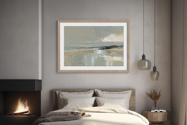 Pale Estuary print with a white mat and light wood frame above a bed near a fireplace.