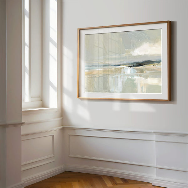 Close view of Pale Estuary in a slim wood frame with white mat on a sunlit paneled wall.