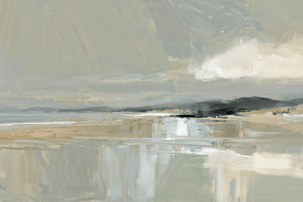 Abstract estuary landscape with pale water, sand and a dark low horizon in muted blue-grey and sage tones.