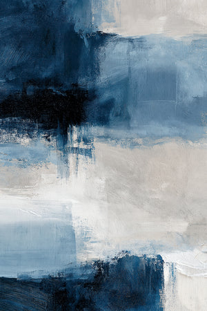 Abstract painting of navy blue blocks with pale blue brushstrokes, fine art print