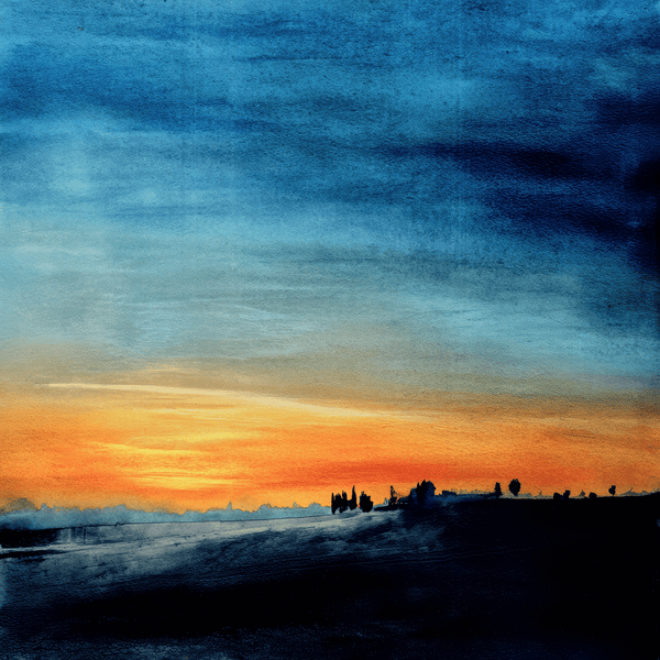Abstract textured landscape with a vivid orange horizon beneath blue and teal skies and a dark silhouetted ridge.
