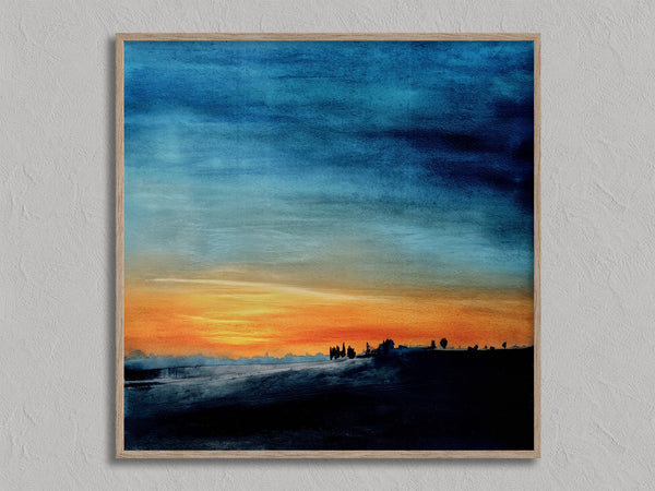 Last Light Beyond The Fields shown in an oak frame without a border or mount.