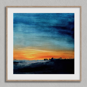 Last Light Beyond The Fields shown in an oak frame with a white border or mount.