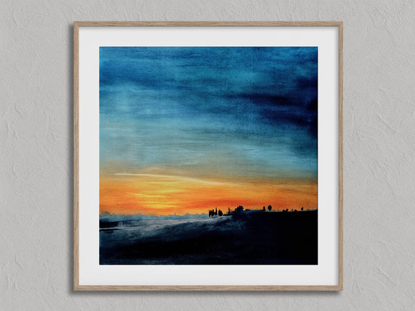 Last Light Beyond The Fields shown in an oak frame with a white border or mount.