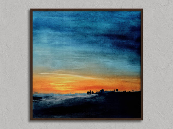 Last Light Beyond The Fields shown in a walnut frame without a border or mount.