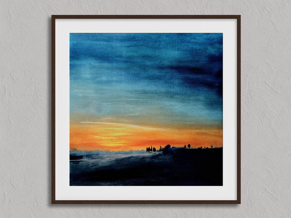 Last Light Beyond The Fields shown in a walnut frame with a white border or mount.