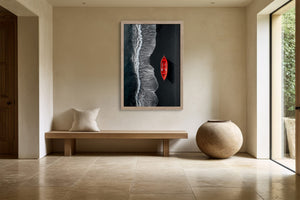 Light-framed aerial shoreline artwork with a red rowing boat above a wooden bench.