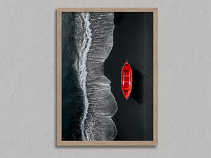Red Shoreline shown in an oak frame without a border or mount.