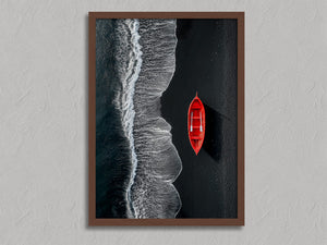 Red Shoreline shown in a walnut frame without a border or mount.