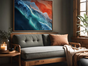 Ember Tide coastal artwork in a dark wood frame above a gray wooden sofa.