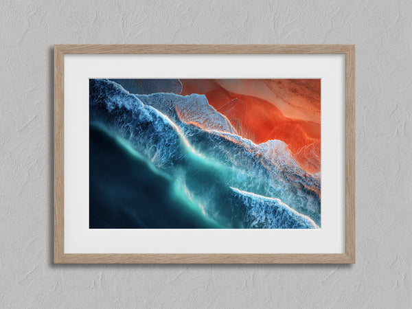 Ember Tide shown in an oak frame with a white border or mount.