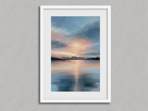 Afterglow Lake – Mountain Lake Wall Art Print in a white frame with a mount