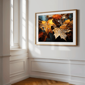 Framed autumn leaves wall art print in amber gold and mahogany tones