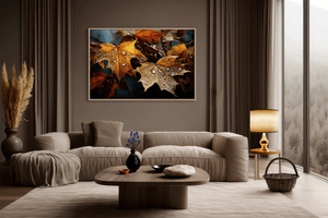 Framed autumn leaves wall art print in amber gold and mahogany tones