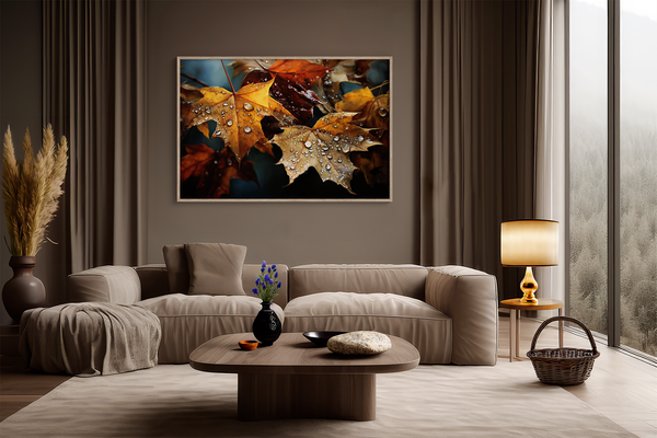 Canvas wall art of autumn leaves in amber, gold, and mahogany with dewdrops. A warm, vibrant seasonal print. Ready to hang.